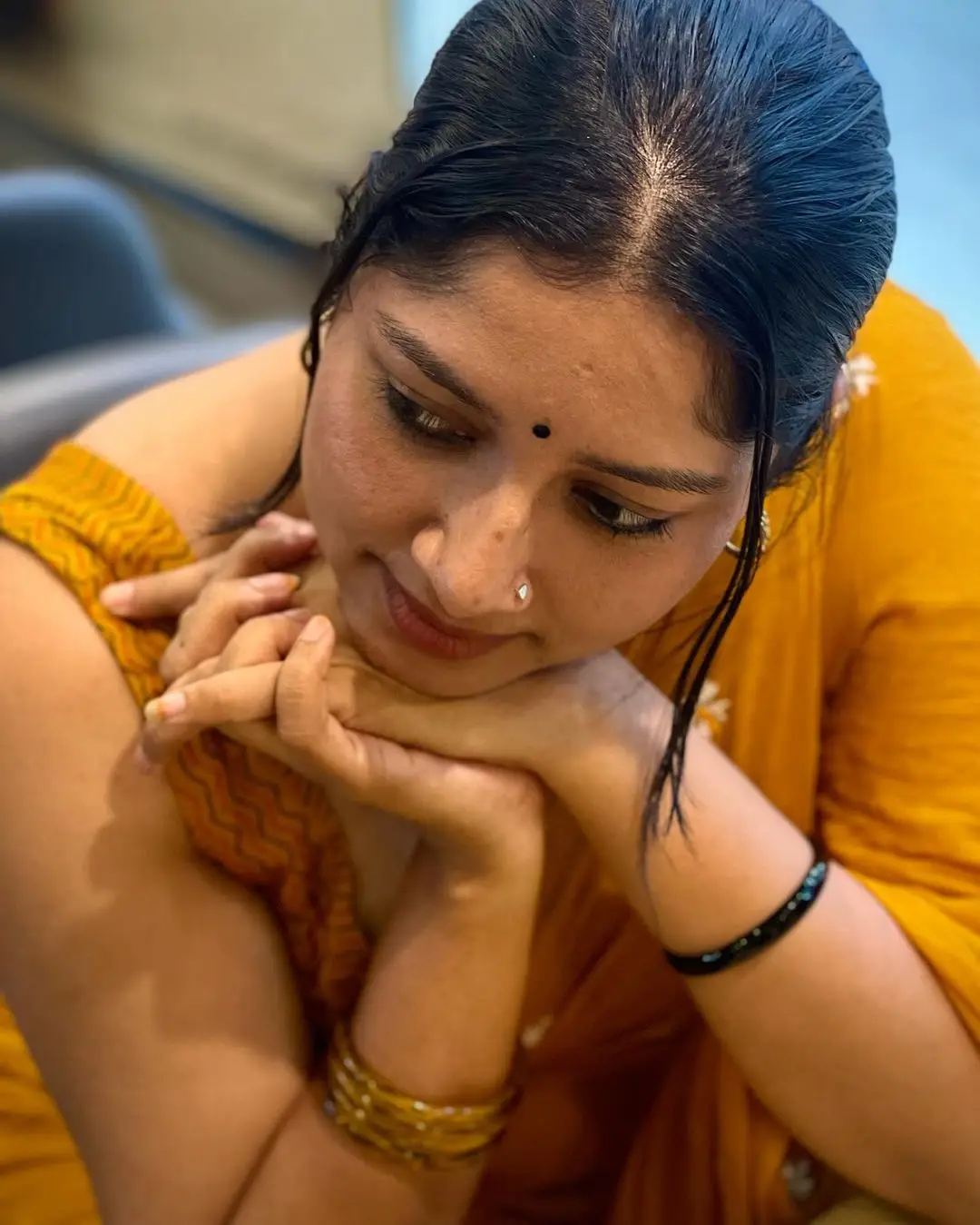 Malayalam Actress Anumol Sleeveless in Yellow Saree